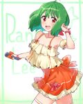  1girl :d ahoge bow character_name commentary dress green_hair idol macross macross_frontier microphone niina_ryou open_mouth orange_dress ranka_lee red_bow red_eyes short_hair single_horizontal_stripe smile solo thigh-highs white_legwear wrist_bow zettai_ryouiki 