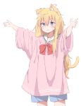  1girl ahoge animal_ears arms_up bangs blonde_hair blue_eyes blush cat_ears cat_girl cat_tail closed_mouth collarbone commentary cowboy_shot eyebrows_visible_through_hair gabriel_dropout hair_between_eyes kemonomimi_mode long_hair long_sleeves looking_afar loose_clothes loose_shirt messy_hair neckerchief oversized_clothes pink_shirt piyomi red_neckwear sailor_collar school_uniform shiny shiny_hair shirt sidelocks simple_background solo standing sweatdrop tail tenma_gabriel_white very_long_hair wavy_hair white_background 