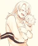  1boy 1girl beige_background blush child closed_eyes holding_another hood hoodie hug laughing long_hair long_sleeves misono_(msn_png) mutual_hug open_mouth original sepia smile upper_body |d 