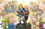  6+boys 6+girls arrow_(projectile) blonde_hair blue_eyes blue_scarf boots bow_(weapon) brown_hair dark_skin dark-skinned_female dress fingerless_gloves flower gloves hat hyrule_warriors link long_hair looking_at_viewer master_sword matt_herms multiple_boys multiple_girls multiple_persona pointy_ears princess_zelda quiver red_scarf scarf serious sheik sheikah_slate shield sword tetra the_legend_of_zelda the_legend_of_zelda:_a_link_to_the_past the_legend_of_zelda:_breath_of_the_wild the_legend_of_zelda:_ocarina_of_time the_legend_of_zelda:_skyward_sword the_legend_of_zelda:_the_wind_waker the_legend_of_zelda:_twilight_princess the_legend_of_zelda_(nes) tiara toon_link triforce turban weapon young_link 