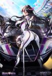  1girl ass black_hair bodysuit breasts car confetti destiny_child ground_vehicle headwear_removed helmet helmet_removed highres korean_text large_breasts long_hair looking_at_viewer looking_back motor_vehicle official_art parted_lips racing_suit sky violet_eyes zephyrus_(destiny_child) 