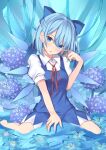  1girl :p barefoot blue_bow blue_dress blue_eyes blue_flower blue_hair blue_theme blush bow breasts chroemaguro cirno commentary_request dress finger_to_cheek flower full_body hair_bow hand_in_hair head_tilt ice ice_crystal ice_wings looking_at_viewer medium_breasts partially_submerged puffy_short_sleeves puffy_sleeves red_neckwear red_ribbon ribbon short_hair short_sleeves sitting solo tongue tongue_out touhou wariza water wings 
