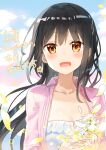  1girl black_hair blush clouds dress flower fuumi_(radial_engine) jacket long_hair open_clothes open_jacket open_mouth original sky smile solo yellow_eyes 