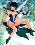  1980s_(style) arm_strap bird black_hair blue_footwear brown_eyes center_opening choker day flying forest green_hair hand_on_own_thigh head_wings high_heels kurama_(urusei_yatsura) leotard lipstick looking_at_viewer makeup multicolored_hair nature navel official_art outdoors red_lipstick retro_artstyle short_hair strapless strapless_leotard two-tone_hair urusei_yatsura wristband 