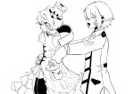  2boys arsloid bandaged_arm bandages bandaid bandaid_on_nose black_sclera closed_eyes coat from_side fukase greyscale hat headphones highres holding_another lineart male_focus monochrome multiple_boys nu_nu_s2 open_mouth picking_up scar scar_on_face smile vocaloid white_background 