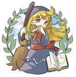  1girl bangs blonde_hair blue_eyes blue_sky blush_stickers book broom closed_mouth clouds eyebrows_visible_through_hair hand_up hat holding holding_broom leaf long_hair long_sleeves looking_at_viewer madou_monogatari nishikuromori open_book purple_headwear purple_shirt purple_skirt puyo_(puyopuyo) puyopuyo red_ribbon ribbon sash shirt simple_background skirt sky smile solo straight_hair white_background wide_sleeves witch witch_(puyopuyo) 