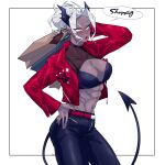  abs bag black_legwear blush breasts dark_skin demon_tail exposed_muscle gram_quartz hand_on_hip helltaker highres horns judgement_(helltaker) medium_breasts muscle muscular_female ponytail shopping_bag tail white_eyes white_hair 