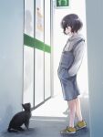  1girl :d black_cat black_hair cat from_side hand_in_pocket hood hoodie niina_ryou no_socks open_mouth original overalls profile shoes short_hair smile sneakers standing 