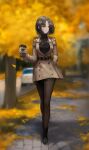  1girl absurdres autumn autumn_leaves belt black_belt black_hair black_legwear black_shirt black_skirt brown_coat coat cup disposable_cup full_body ginkgo highres holding holding_cup huge_filesize long_sleeves medium_hair miniskirt original outdoors pantyhose pencil_skirt road seorang shirt skirt solo standing street walking yellow_eyes 