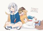  &gt;_&lt; 2girls animal_hood blonde_hair bloop_(gawr_gura) blue_eyes blue_hair blue_hoodie blush breasts brown_skirt bubba_(watson_amelia) character_name collared_shirt commentary cross-laced_footwear crossed_legs dog dress_shirt english_commentary eyebrows_visible_through_hair fangs fish_tail flat_chest gawr_gura grey_background hair_ornament highres hololive hololive_english hood hoodie indian_style inuzuka_nr long_hair long_sleeves looking_at_another lying lying_on_person medium_breasts multicolored_hair multiple_girls necktie on_back open_mouth plaid plaid_skirt red_neckwear shark_hair_ornament shark_hood shark_tail sharp_teeth shirt shoes short_hair short_twintails silver_hair simple_background sitting skirt smile streaked_hair tail teeth twintails two-tone_hair virtual_youtuber watson_amelia white_footwear white_shirt 