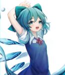  1girl arms_behind_head bangs blue_dress blue_eyes blue_hair blurry_foreground bow bubble cirno collared_shirt dress eyebrows_visible_through_hair fairy green_bow hair_bow ice ice_wings looking_at_viewer open_mouth red_neckwear shirt short_hair short_sleeves simple_background siyumu smile solo touhou white_background white_shirt wings 