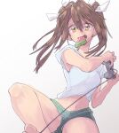  1girl absurdres bangs barefoot breasts brown_hair eyebrows_visible_through_hair fang food gamecube_controller green_shorts hair_between_eyes hair_ribbon highres kantai_collection long_hair medium_breasts midriff mouth_hold navel open_mouth playing_games popsicle ribbon shirt short_hair short_shorts shorts solo tone_(kantai_collection) twintails watermelon_bar white_ribbon white_shirt yami_(m31) yellow_eyes 