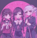  3girls black_hair blush blush_stickers bracelet braid dangan_ronpa dangan_ronpa_1 drooling eyebrows_visible_through_hair fukawa_touko glasses hair_ornament hair_ribbon hairclip harukawa_maki heart heart-shaped_pupils highres holding holding_knife jewelry knife long_hair long_sleeves low_twintails multiple_girls new_dangan_ronpa_v3 pastel_colors pekoyama_peko red_eyes ribbon round_eyewear school_uniform scrunchie serafuku silver_hair sketchi skirt smile super_dangan_ronpa_2 sweat sword symbol-shaped_pupils twin_braids twintails weapon 