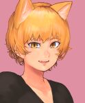  1girl :d absurdres animal_ears black_shirt blonde_hair chanta_(ayatakaoisii) fang fox_ears highres looking_at_viewer open_mouth pink_background portrait shirt short_hair simple_background slit_pupils smile solo touhou v-neck yakumo_ran 