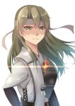  1girl closed_mouth commentary_request green_eyes green_hair hair_between_eyes headband highres japanese_clothes kantai_collection long_hair looking_at_viewer muneate ohiya remodel_(kantai_collection) revision ribbon simple_background solo upper_body white_background white_ribbon zuikaku_(kantai_collection) 