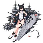  1girl anchor animal_ear_fluff animal_ears bangs bare_shoulders black_gloves black_hair boots cannon cat_ears chain closed_mouth copyright_request covered_navel crossed_legs eyebrows_visible_through_hair fingerless_gloves flight_deck full_body gloves hair_between_eyes highres long_hair looking_at_viewer machinery one-piece_swimsuit red_eyes shadow shibanme_tekikumo simple_background solo swimsuit thigh_strap turret very_long_hair white_background white_footwear white_swimsuit 