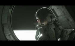  1girl bangs black_hair blurry blurry_background bodysuit breasts brown_eyes highres letterboxed novelance original profile reflection science_fiction short_hair sitting small_breasts solo spacesuit window 