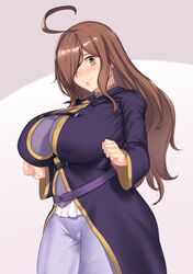  ahoge aster_crowley blush breasts brown_eyes brown_hair hair_over_one_eye highres huge_ahoge huge_breasts kono_subarashii_sekai_ni_shukufuku_wo! long_hair looking_at_viewer white_background wiz_(konosuba) 