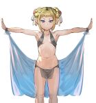  1girl bikini black_bikini blonde_hair bow_(bhp) braid braided_bun breasts closed_mouth commentary double_bun elf looking_at_viewer navel original outstretched_arms pelvic_curtain pointy_ears shawl short_hair simple_background small_breasts solo spread_arms standing swimsuit t-pose violet_eyes white_background 