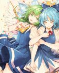  2girls ascot blue_bow blue_dress blue_hair blue_skirt blue_vest blue_wings bow cirno closed_eyes collared_shirt commission daiyousei dress feathered_wings green_eyes green_hair grin hair_bow hisona_(suaritesumi) ice ice_wings locked_arms multiple_girls open_mouth puffy_short_sleeves puffy_sleeves shirt short_hair short_sleeves skeb_commission skirt skirt_set smile touhou vest white_shirt wing_collar wings yellow_neckwear 