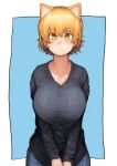  1girl absurdres black_sweater blonde_hair blue_background blue_pants blush border breasts chanta_(ayatakaoisii) closed_mouth cowboy_shot denim highres huge_breasts jeans long_sleeves looking_at_viewer pants short_hair slit_pupils solo standing sweat sweater touhou white_border yakumo_ran yellow_eyes 