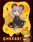  2girls animal_ears bangs black_background black_hair blonde_hair brown_footwear brown_sweater cheese chibi dress english_text food fork full_body grey_dress grey_hair grey_legwear grid_background heart highres holding holding_fork holding_plate holding_spoon iris_anemone long_sleeves looking_at_viewer mouse_ears mouse_tail multicolored_hair multiple_girls nazrin open_mouth plate puffy_sleeves red_eyes smile spoon star_(symbol) sweater tail toramaru_shou touhou two-tone_hair upper_body yellow_eyes 