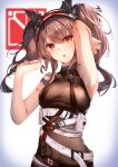  1girl absurdres angelina_(arknights) angelina_(quality_visitors)_(arknights) animal_ears arknights arm_up armpits bangs bare_arms bare_shoulders belt breasts brown_hair commentary_request eyebrows_visible_through_hair fox_ears hairband hand_up highres long_hair looking_at_viewer mika_uni official_alternate_costume parted_lips red_eyes red_hairband sleeveless small_breasts solo twintails white_belt 