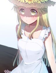  1girl :o bang_dream! bangs blonde_hair blush breasts commentary_request cowboy_shot day dress flower frilled_straps harusawa hat hat_flower light long_hair looking_at_viewer shadow sidelocks sitting small_breasts solo straw_hat sundress sunflower tsurumaki_kokoro white_background white_dress yellow_eyes 