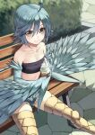  1girl ahoge atsuyah0310 bandeau bangs bare_shoulders bench blue_hair blue_wings breasts closed_mouth collarbone commentary_request day denim denim_shorts feathered_wings feathers food harpy ice_cream ice_cream_cone looking_at_viewer monster_girl monster_musume_no_iru_nichijou outdoors papi_(monster_musume) short_hair short_shorts shorts sitting smile solo talons wings 