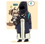  1girl 1other animal_ear_fluff animal_ears arknights armor bangs blonde_hair blue_jacket chibi doctor_(arknights) english_commentary eyebrows_visible_through_hair h98013114 hair_between_eyes headset holding_person hood hooded_jacket horse_ears horse_girl horse_tail jacket long_hair long_sleeves lowres nearl_(arknights) ponytail shoulder_armor sidelocks star_(symbol) sweatdrop tail translation_request white_background yellow_eyes 