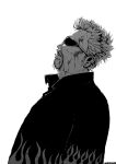  1boy absurdres artist_name blood blood_on_face collared_shirt earrings english_commentary facial_hair flame_print from_side goatee guy_fieri highres jewelry kaneki_profile_picture leaning_back looking_up monochrome parody parted_lips real_life shirt single_earring solo spiky_hair sunglasses tokyo_ghoul tokyo_ghoul:re tyrone white_background 