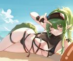  1girl antenna_hair arknights bangs bare_shoulders bikini black_bikini black_gloves blue_sky breasts bsmycc chinese_commentary clouds commentary_request day fingerless_gloves gavial_(arknights) gloves green_hair hair_between_eyes highres large_breasts long_hair looking_at_viewer lying navel on_side outdoors pointy_ears sky smile solo stomach swimsuit tail thigh_strap thighs under_boob yellow_eyes 