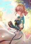  1girl absurdres bangs blonde_hair blue_eyes blue_jacket blue_sky braid brooch falling_petals french_braid hair_between_eyes hair_bun hair_intakes hair_ribbon highres jacket jewelry leaf leofoxart long_skirt parted_lips prosthesis red_ribbon revision ribbon skirt sky violet_evergarden violet_evergarden_(character) white_neckwear white_skirt 