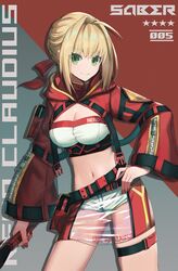  1girl aestus_estus ahoge alternate_costume bandeau blonde_hair breasts cropped_jacket dolce_(dolsuke) dress fate/grand_order fate_(series) green_eyes hair_bun hair_intakes hair_ribbon highres holding holding_sword holding_weapon hood hood_down jacket large_breasts long_sleeves midriff miniskirt navel nero_claudius_(fate) nero_claudius_(fate)_(all) red_dress red_jacket red_nails red_ribbon ribbon see-through_skirt short_shorts shorts shorts_under_skirt skirt solo sword weapon white_shorts 