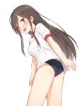 a_channel arm_behind_back ass bangs bare_legs bent_over black_hair bloomers blush breasts brown_hair commentary_request eyebrows from_side gym_shirt gym_uniform head_tilt long_hair looking_at_viewer mikazuchi_zeus nishi_yuuko open_mouth shirt sidelocks simple_background smile teeth thighs underwear violet_eyes white_background white_shirt 