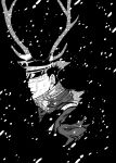  1boy absurdres black_hair deer deko_(pixiv13085538) golden_kamuy hat highres looking_at_viewer male_focus military_hat monochrome outdoors scar scar_on_cheek scar_on_face scar_on_nose scarf snowing solo sugimoto_saichi 