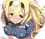  1girl bent_over blonde_hair blue_eyes blue_shirt blush breast_pocket breasts collared_shirt cowboy_shot gambier_bay_(kantai_collection) hairband highres kantai_collection laco_soregashi large_breasts looking_at_viewer pocket shirt simple_background solo thigh-highs twintails twitter_username white_background white_legwear 
