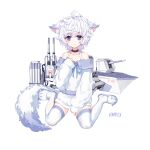  1girl :3 ahoge animal_ear_fluff animal_ears animal_slippers bangs bare_shoulders black_choker blue_eyes blue_ribbon blush cannon choker closed_mouth collarbone copyright_request curly_hair eyebrows_visible_through_hair grey_sailor_collar hair_between_eyes hand_up highres long_sleeves looking_at_viewer machinery neck_ribbon off-shoulder_shirt off_shoulder ribbon sailor_collar shibanme_tekikumo shirt simple_background sitting skirt sleeves_past_wrists slippers solo tail thigh-highs torpedo turret wariza white_background white_footwear white_hair white_legwear white_shirt white_skirt 