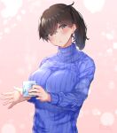  1girl alternate_costume artist_name blue_sweater blush breasts brown_eyes brown_hair closed_mouth coffee_mug cup ears eyebrows_visible_through_hair holding holding_cup kaga_(kantai_collection) kantai_collection large_breasts long_hair looking_at_viewer mani_oniniku mug parted_lips ribbed_sweater side_ponytail signature solo sweater turtleneck turtleneck_sweater upper_body 