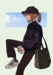  1girl bag baseball_cap bonryuu brown_hair casual coffee_cup cup disposable_cup from_side hat hibike!_euphonium highres holding holding_cup invisible_chair leg_up long_sleeves nakagawa_natsuki pants ponytail shoes shoulder_bag sidelocks sitting sneakers solo violet_eyes white_footwear 