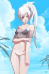  1girl absurdres angry beach bikini breasts earrings highres jewelry long_hair multicolored multicolored_bikini multicolored_clothes nikusenpai pale_skin palm_tree ponytail rwby small_breasts striped striped_bikini swimsuit tied_hair tree weiss_schnee white_bikini white_eyes white_hair 