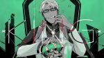  1boy arurandis black-framed_eyewear crown_removed glasses green_eyes grey_skin hand_up holostars jacket jacket_on_shoulders limited_palette mabukaaaa male_focus necktie parted_lips solo upper_body vest virtual_youtuber 