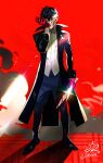  1boy adjusting_clothes adjusting_gloves amamiya_ren bangs black_coat black_hair blood blood_on_face bloody_weapon btmr_game coat dagger gloves hair_between_eyes holding holding_weapon long_sleeves male_focus mask pants persona persona_5 persona_5_the_royal red_background red_eyes red_gloves signature simple_background smoke solo sparkle standing weapon 