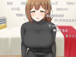  1girl absurdres ahoge bangs bed black_sweater blunt_bangs blush braid breasts brown_eyes brown_hair commentary_request dress eyebrows_visible_through_hair hair_over_shoulder highres idolmaster idolmaster_shiny_colors indoors koki_shikotarou kuwayama_chiyuki large_breasts livestream long_braid long_hair long_sleeves niconico_comments open_mouth single_braid sitting smile solo sweater sweater_dress translation_request turtleneck turtleneck_sweater 