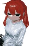  1girl atkm2 black_eyes closed_mouth ear_piercing earrings jewelry long_hair looking_at_viewer original piercing redhead simple_background solo sweater twintails upper_body white_background white_sweater 