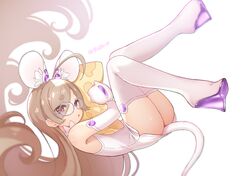  1girl absurdly_long_hair animal_ear_fluff animal_ears bangs bare_shoulders boots brown_hair commentary_request dress eyebrows_visible_through_hair eyes_visible_through_hair glasses highres jigatei_(omijin) long_hair mittens mouse_ears mouse_girl mouse_tail object_hug original parted_bangs purple-framed_eyewear red_eyes round_eyewear short_eyebrows simple_background solo tail thick_eyebrows thigh-highs thigh_boots translation_request very_long_hair white_background white_dress white_footwear white_legwear white_mittens 