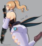  1girl absurdres armor armored_dress ass ass_focus back backboob blonde_hair breasts genshin_impact highres jean_gunnhildr kinaee large_breasts pixiv self_upload simple_background solo 