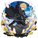  1boy aincrad aqua_eyes bangs belt black_belt black_coat black_footwear black_gloves black_pants black_shirt blonde_hair coat cosplay dual_wielding eugeo fingerless_gloves full_body gloves hair_between_eyes highres holding holding_sword holding_weapon kirito kirito_(cosplay) long_sleeves male_focus official_art open_clothes open_coat open_mouth pants shirt short_hair solo sword sword_art_online sword_art_online:_memory_defrag transparent_background weapon 