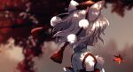  1girl animal_ears autumn_leaves blurry blurry_background commentary depth_of_field detached_sleeves dise from_behind hat inubashiri_momiji leaf maple_leaf pom_pom_(clothes) shirt short_hair solo tokin_hat touhou upper_body weapon white_hair white_shirt wolf_ears 