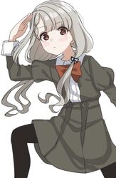  1girl :o arm_up bangs black_legwear black_ribbon blush_stickers bow braid braided_bangs brown_eyes collared_shirt commentary_request eyebrows_visible_through_hair grey_hair grey_jacket grey_skirt hair_over_shoulder hair_ribbon highres hisakawa_nagi idolmaster idolmaster_cinderella_girls idolmaster_cinderella_girls_starlight_stage jacket juliet_sleeves long_hair long_sleeves looking_at_viewer low_twintails open_clothes open_jacket pantyhose parted_lips pleated_skirt puffy_sleeves red_bow ribbon shirt shiwa_(siwaa0419) simple_background skirt solo standing twintails very_long_hair white_background white_shirt 